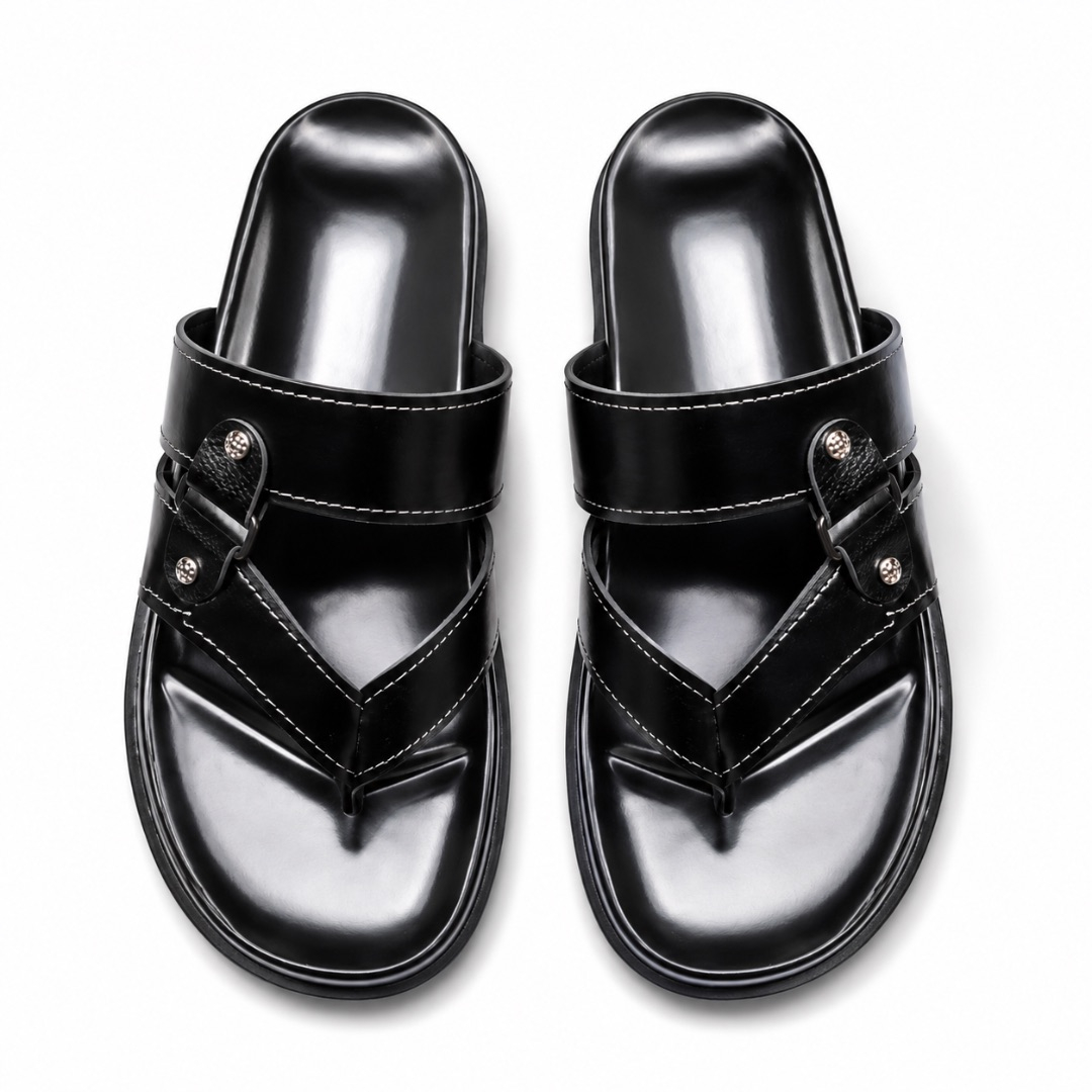 Mens Black Native Leather Slippers